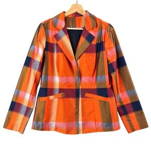 Babette Womens Plaid Blazer Jacket Orange Red Blue Check 26N8768 Long sleeve XS
